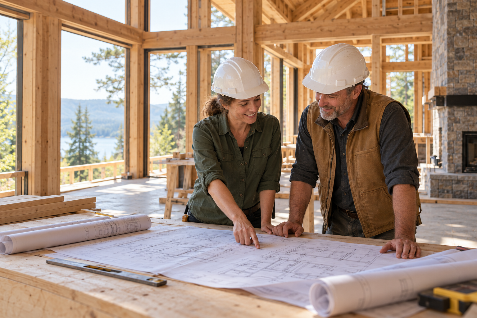 Illustrative scene of two construction professionals reviewing plans in a timber-framed home
