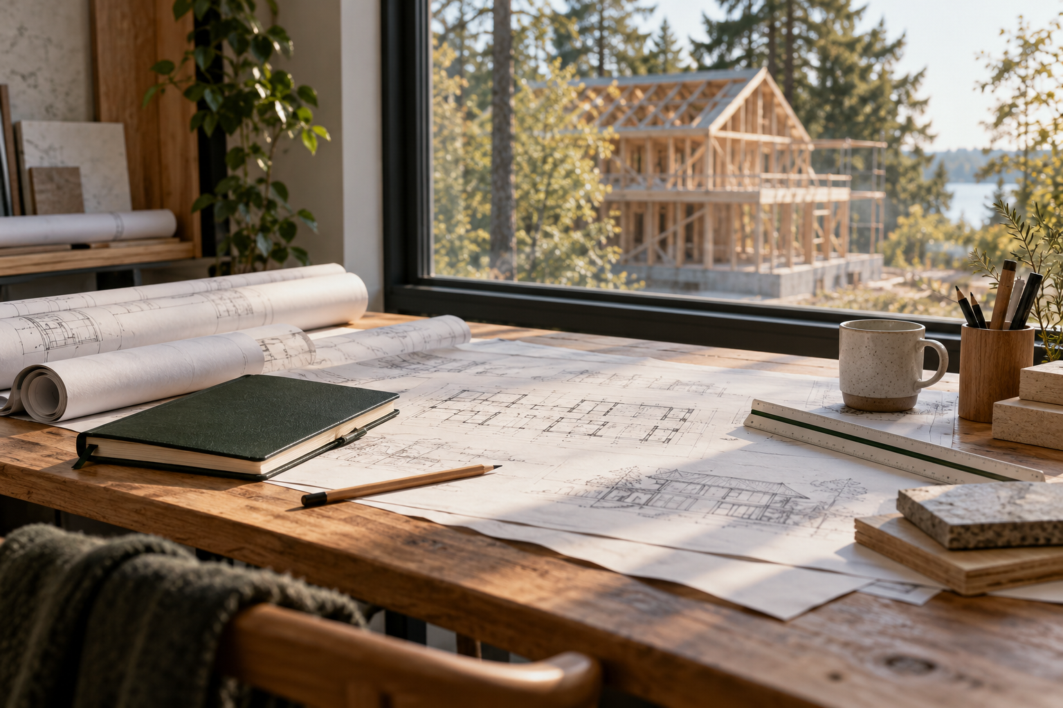 Illustrative planning table with drawings overlooking a residential construction project